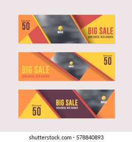 Horizontal Background Red and Orange Colors Flat Website Banner. Web Layout Ad, Vector Cover Illustration. Image Add Business Advertisement Design Collection with Creative Geometric Elements Set