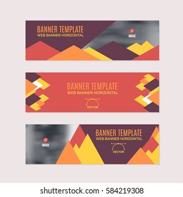 Horizontal Background Red and Orange Colors Flat Website Banner. Web Layout Ad, Vector Cover Illustration. Image Add Business Advertisement Design Collection with Creative Geometric Elements Set