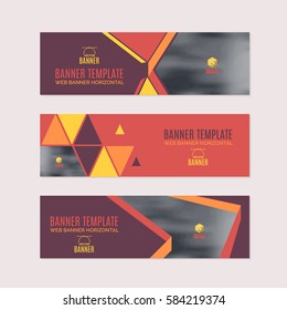 Horizontal Background Red and Orange Colors Flat Website Banner. Web Layout Ad, Vector Cover Illustration. Image Add Business Advertisement Design Collection with Creative Geometric Elements Set