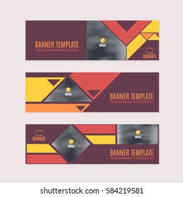 Horizontal Background Red and Orange Colors Flat Website Banner. Web Layout Ad, Vector Cover Illustration. Image Add Business Advertisement Design Collection with Creative Geometric Elements Set