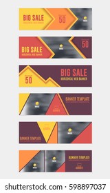 Horizontal Background Red and Orange Colors Flat Website Banner. Web Layout Ad, Vector Cover Illustration. Image Add Business Advertisement Design Collection with Creative Geometric Elements Set