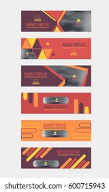 Horizontal Background Red and Orange Colors Flat Website Banner. Web Layout Ad, Vector Cover Illustration. Image Add Business Advertisement Design Collection with Creative Geometric Elements Set