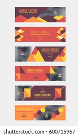 Horizontal Background Red and Orange Colors Flat Website Banner. Web Layout Ad, Vector Cover Illustration. Image Add Business Advertisement Design Collection with Creative Geometric Elements Set