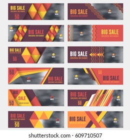 Horizontal Background Red and Orange Colors Flat Website Banner. Web Layout Ad, Vector Cover Illustration. Image Add Business Advertisement Design Collection with Creative Geometric Elements Set