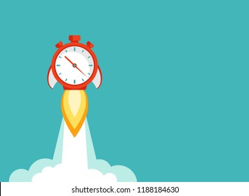 horizontal background with red stopwatch rocket ship with fire and clouds. Fast time stop watch, limited offer, deadline symbol. Vector illustration on blue. Time to work. Countdown shuttle