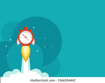 horizontal background with red stopwatch rocket ship with fire, clouds and stars. Fast time stop watch, limited offer, deadline symbol. Vector illustration on blue. Time to work. Countdown shuttle