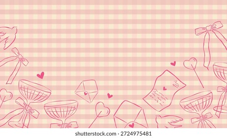 Horizontal Background With Romantic Hand Draw Champagne Glasses, Love Letters, Bows, a pigeon on a retro checkered background. Vector design for banners, greeting cards, happy Valentine's Day, social media