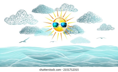 Horizontal background sea waves with flying seagulls and with the sun. Partly cloudy. Vector illustration