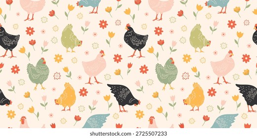 Fundo horizontal com padrão de estilo de desenho animado sem costura de galinhas e tulipas. Banner de primavera com flores e pássaros para cartões postais, têxteis, banners, temas de Páscoa.