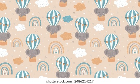 Horizontal Background with Seamless Pattern with Cute Elephant Sleeping on Balloon. Baby Print, For Printing, Clothes, Postcards. Vector