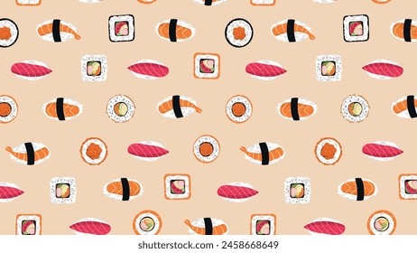 Horizontal background with seamless pattern of Japanese rolls and sushi on beige background. Design for banners, posters, flyers. Vector