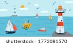 Horizontal background with seascape in flat style . Summer banner with ships, a lighthouse, boat. Vector illustration