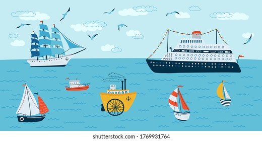 Horizontal background with seascape in flat style . Summer banner with ships, boat. Vector illustration