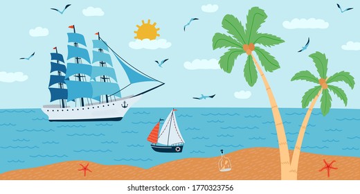 Horizontal background with seascape in flat style . Summer banner with ships, a palm tree, a boat. Vector illustration