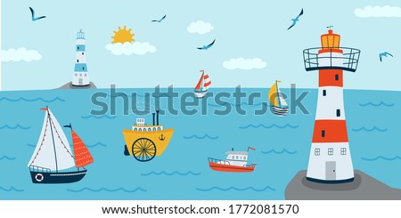 Horizontal background with seascape in flat style . Summer banner with ships, a lighthouse, boat. Vector illustration