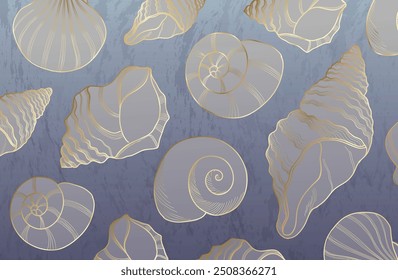 Fondo Horizontal con conchas y líneas doradas. Mar Abstractas, vista al mar. Elegante bajo el agua, elegante telón de fondo, cubierta, tarjeta, invitación, diseño de estilo empresarial.