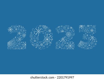 Horizontal background with a silhouette of the numbers 2023 made of white snowflakes on a blue background. Isolated vector design. The inscription is in a flat minimalist style.