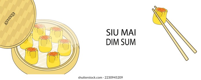 Horizontal background with siu mai dim sum steamed dumplings vector illustration. Yellow hot shumai in bamboo steamer and one in chopsticks. Traditional Chinese food