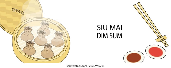 Fondo horizontal con ilustración vectorial de siu mai dim sum al vapor. Shumai caliente en vapor de bambú, palillos y salsas. Comida tradicional china