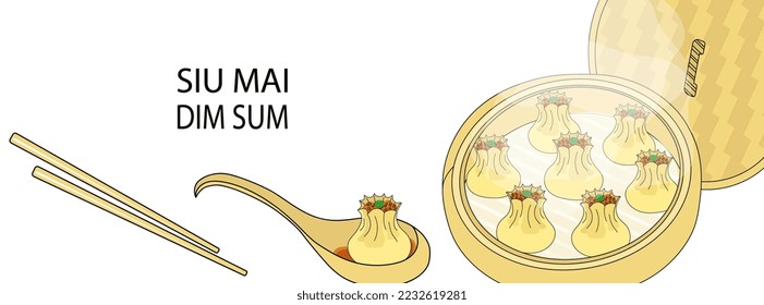 Horizontal background with siu mai dim sum steamed dumplings vector illustration. Hot shumai in bamboo steamer and one in soup spoon, chopsticks. Traditional Chinese food