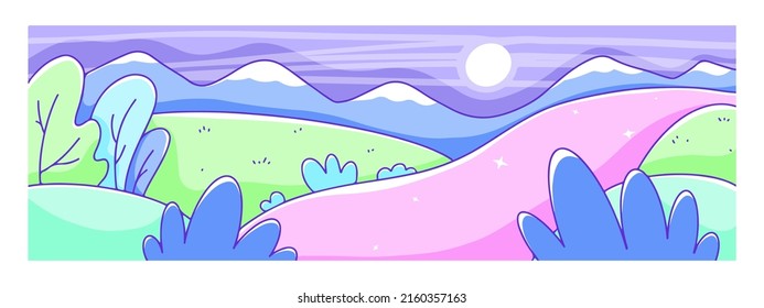 Horizontal background in soft pastel colors. Fairytale landscape with trees, fields and a pink river. Vector background