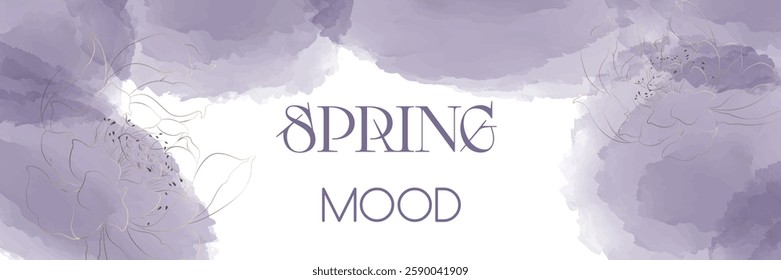 Horizontal background with Spring mood with watercolor spots and silhouette of flowers. Vector illustration