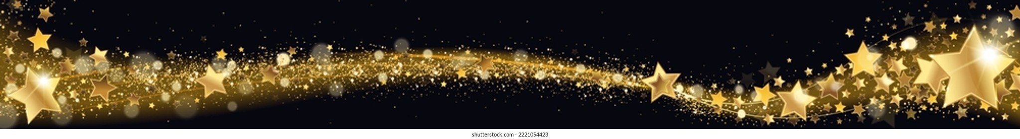 horizontal background with a swirl of golden stars on a black background