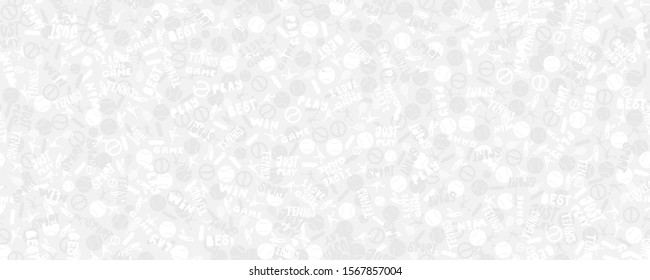 Horizontal background for tennis. Gray sporting banner with players, lettering and balls. Slogan, hand written phrases.