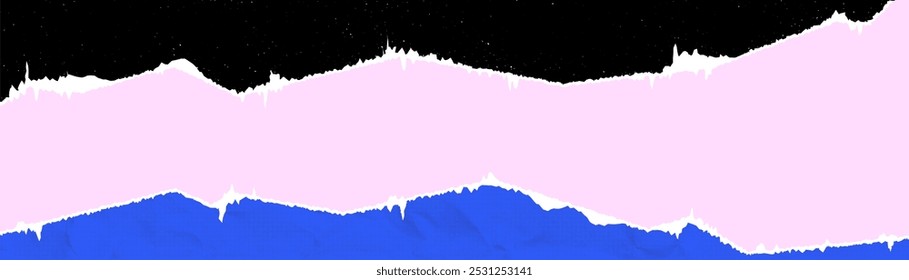 Horizontal background from torn pieces of multi colored paper with empty space. Torn edges, wrinkled, grunge texture.
