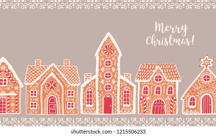 Horizontal background with traditional gingerbread houses and Merry Christmas lettering. Festive backdrop decorated by baked sweet products. Holiday colorful vector illustration in flat cartoon style.