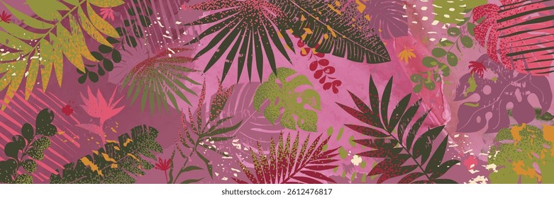 Horizontal background with tropical pattern. Vector illustration with watercolor textures and grainy gradient