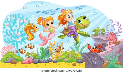 Horizontal background with underwater world in a childrens style. Cute mermaid riding on a turtle in coral reef. Vector illustration. For t-shirt, print and design, poster, card,sticker, decor,apparel