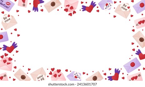 Horizontal background for Valentines day holiday. Frame template or design print with love letters, envelopes, hearts on white background. Good for banner, background, social media graphics