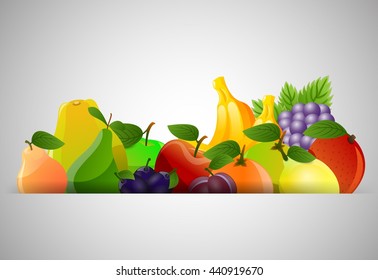 Horizontal background with various colorful fruits on a grey background.Vector