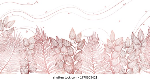 Horizontal background with various exotics golden leaves. Hand drawn luxury golden tropical leaf on light background. Vector linear illustration of leaves.