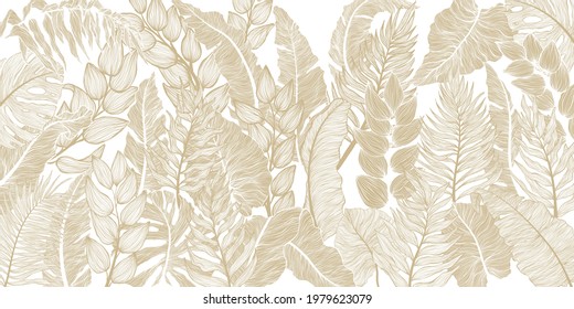 Horizontal background with various exotics golden leaves. Hand drawn luxury golden tropical leaf on dark background. Vector linear illustration of leaves.
