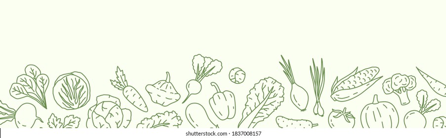 Horizontal background with with various vegetables and a place for text. Vegan backdrop with organic natural products. Line art vector monochrome illustration