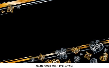 Horizontaler Hintergrund mit Vektorgrafik-Anzugssymbolen. Vintage Luxus-Illustration in Silber- und goldener Farbe auf schwarzem Hintergrund. Funktioniert sowie Print-, Web-Banner-Vorlage, Gambling-Design-Element