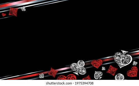 Horizontal background with vector playing card suit symbols. Vintage luxury illustration in silver, red and white colors on black backdrop. For banner, poster, poker design element