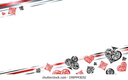 Horizontal background with vector playing card suit symbols. Vintage luxury illustration in silver, red and black colors on white backdrop. For print, web banner template, gambling design element