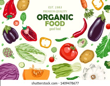Horizontal background with vegetables.    Farmers market menu design. Organic food poster.