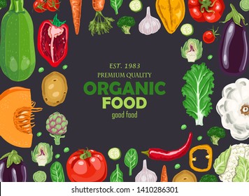 Horizontal background with vegetables.
Farmers market menu design. Organic food poster.
