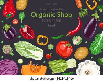 Horizontal background with vegetables.    Farmers market menu design. Organic food poster.