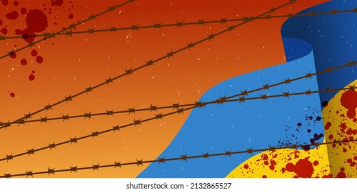 Horizontal background war in Ukraine. Ukraine flag concept with Barb Wire vector illustration.