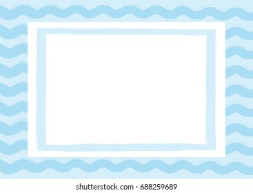 Horizontal background with waves and rectangular frame. Drawn by hand with a rough brush. Sketch, grunge, ink, watercolor. Vector illustration. White, blue color.
