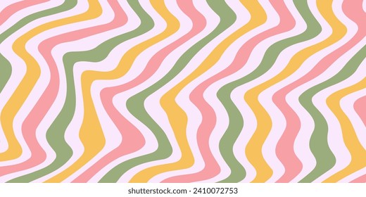Horizontal background with waves in retro 60s 70s style, pastel colors. Trendy distorted lines vector texture in retro psychedelic style. Y2k aesthetic. 1970s 1960s hippie style background. Vector