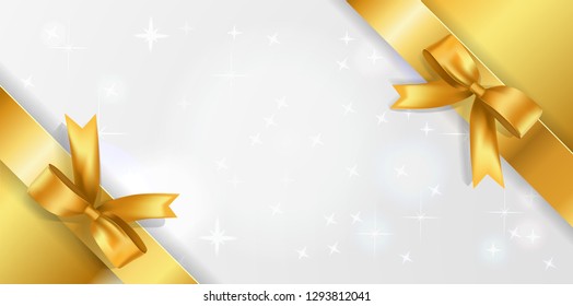 Horizontal background with white sparkling center and Golden corner ribbons with Bows.. Golden stars background with satin bow decoration border. Vector Concept for Coupon, event, festival, party,