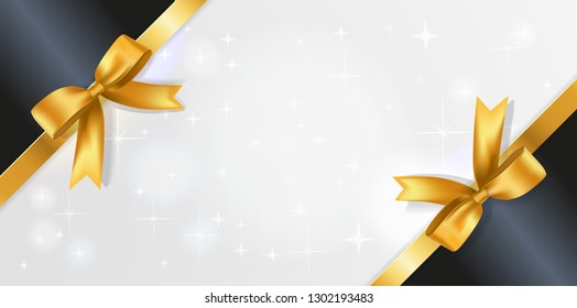 Horizontal background with white sparkling center and black corner ribbons with Bows. Banner with satin bow decoration border. Chic volume tamplate.Vector Concept for Coupon, event, festival, party,