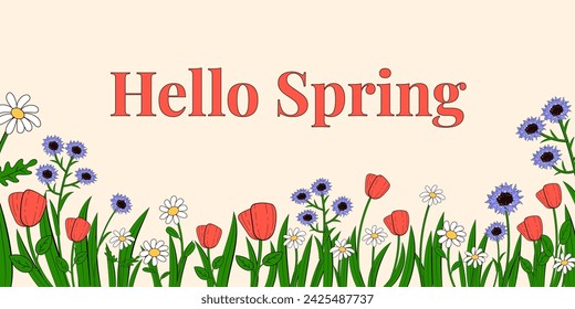 Horizontal background with wildflowers along the edge in retro cartoon style. Spring botanical vector banner with place for text.