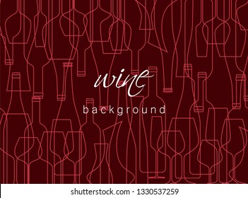 Horizontal background with wine bottles and glasses. Design element for tasting, menu, wine list, restaurant, winery, shop. Texture in modern line style.